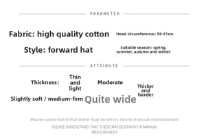 Detailed chart showing premium cotton denim flat cap specifications and size 56-61cm