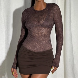 Lace Splicing Bodycon Mini Dress Long Sleeve Round Neck Ruched Slim Fit Polyester Spandex Elegant Brown Women