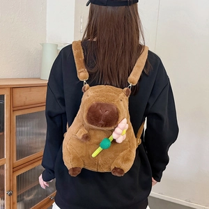Cute Capybara plush backpack for kids featuring a brown animal doll holding a pink flower