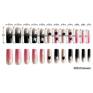 Size chart for long square press-on nails with width and length dimensions in mm