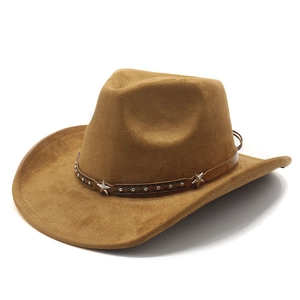 Close-up of brown suede jazz hat with leather band and metal star studs detailing