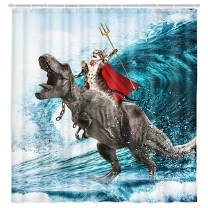 Funny cat riding T-Rex on sea waves shower curtain made of waterproof polyester