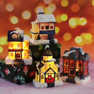 Christmas Miniature Houses LED Light Up Resin Snow Cabin Church Desktop Ornaments Holiday Festive Home Decoration