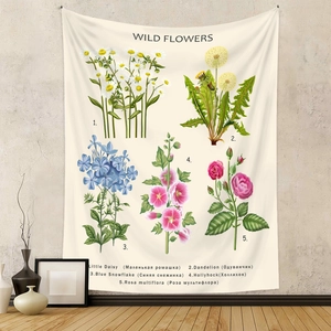 Detail of Wild Flowers tapestry with botanical illustrations and text in room setting