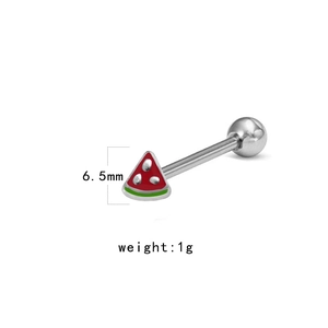 Watermelon tongue ring detail showing red fruit pattern with 6.5mm size and 1g weight specs