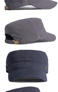 Detail view of cotton military flat top caps with metal buckles and side air vents