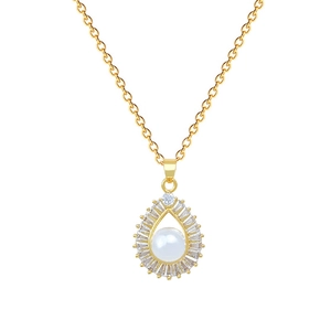 Luxurious gold titanium steel necklace with water-drop pearl and sparkling crystals