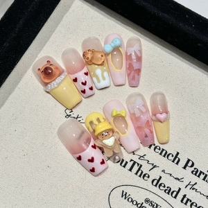 Handmade Press On Nails Long Coffin 3D Cartoon Bear Bow Heart French Style Sweet Cute Decorative Fake Nails For Women