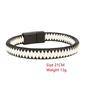 Braided leather bracelet for men with black matte magnetic clasp, 21cm length
