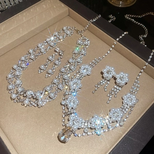 Detailed view of bridal pearl jewelry set with sparkling rhinestones in a gift box