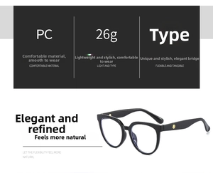 Macro shot of stylish black full-frame glasses showing PC material and 26g weight