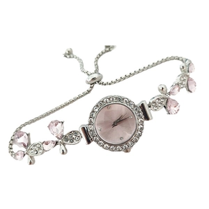 Women silver bracelet watch with floral diamond leaf design and pink dial on white background