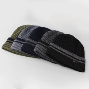 Men's winter knit beanies with metal logo and ribbed texture in five assorted colors
