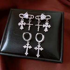 Cross Dangle Earrings Copper Zircon Heart Safety Pin Gothic Punk Style With Silver Earring Post For Women