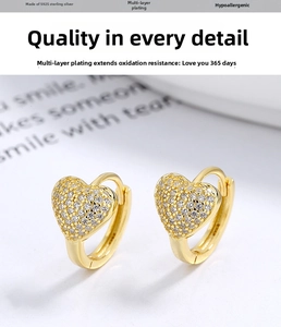 Macro detail of S925 sterling silver heart hoop earrings with sparkling micro-pave zircons