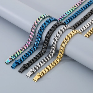 Close-up of 12mm Cuban link chains in gold, silver, black, blue and rainbow steel finishes