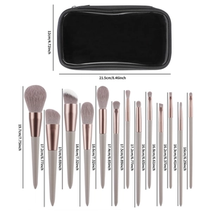 Detailed dimension guide for 14-piece makeup brush set with black waterproof storage bag