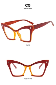 Detailed side and front view of retro cat-eye glasses frame in red orange gradient