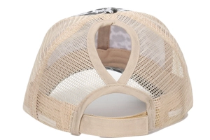 Detail view of beige mesh baseball cap with criss-cross elastic high ponytail opening