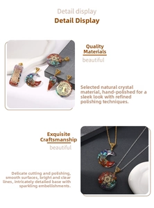 Detail display of tree of life pendants with natural crystal chips and resin casting