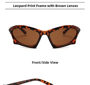 Macro detail of Y2K cyberpunk sunglasses with leopard frame and brown lenses