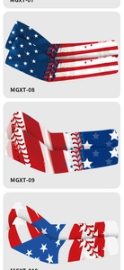 Detailed views of three cooling arm sleeves with American flag prints and model labels
