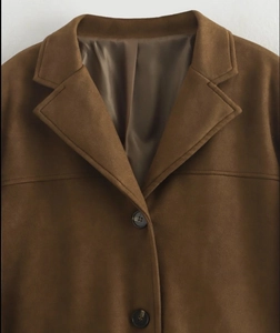 Close-up of vintage dark brown suede jacket collar and button texture details