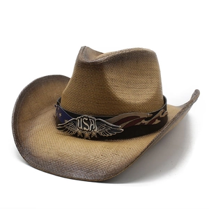 Chapeau De Cowboy En Paille Style Américain Rétro Avec Emblème Métallique USA Large Bord Roulé Protection Solaire Paille Papier Respirante Vacances Plage