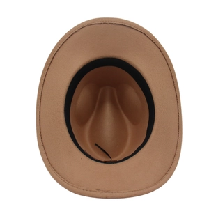 Detailed interior view of a camel felt cowboy hat featuring the inner sweatband and crown