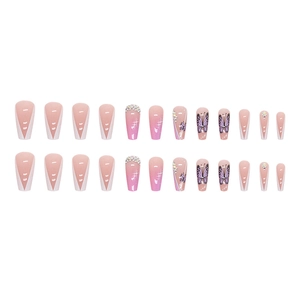 French gradient press-on nails with butterflies and rhinestones in long ballet shape