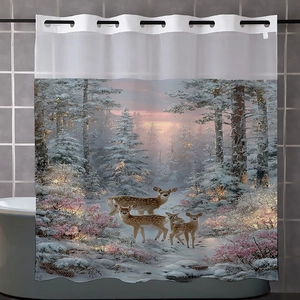 Close-up of waterproof fabric shower curtain with winter forest and deer landscape