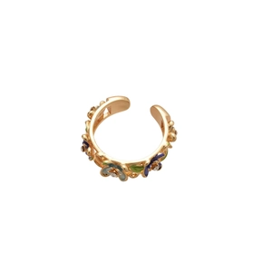 Gold plated open flower ring with colorful enamel petals and sparkling rhinestones