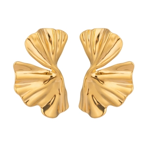 Polished 18K gold stainless steel ginkgo leaf stud earrings for a minimalist look