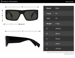 Detailed size chart for square sunglasses model 9244 with frame and lens measurements