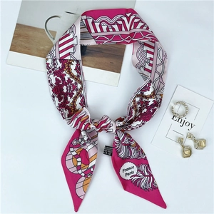 Chic pink and white ethnic style faux silk scarf tied with France Paris letter print