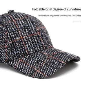 Plaid vintage wool baseball cap with adjustable wide brim for autumn and winter outfits
