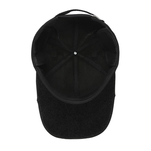 Internal view of black baseball cap with reinforced seams and adjustable back strap