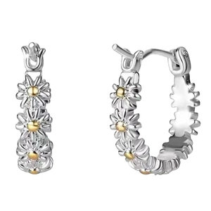 Exquisite two-tone daisy hoop earrings in silver and gold minimalist floral design