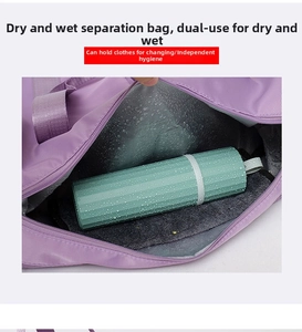 Detail showing waterproof dry-wet separation pocket with a wet umbrella inside the bag