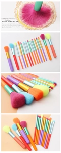 Detail of 15-piece colorful watercolor makeup brush set with vibrant fiber bristles