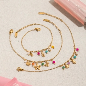 Detailed macro view of 18K gold plated stainless steel bracelets with colorful charms