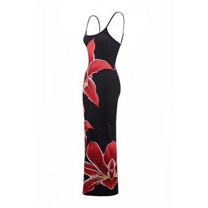 Detail view of black floral maxi dress with red flower print and slim thin straps