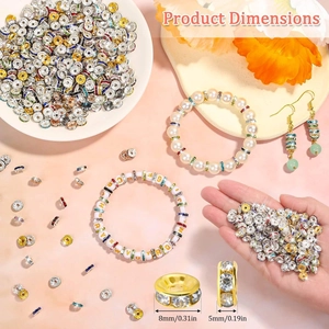 8mm crystal spacer beads for jewelry making shown in gold and silver finish with dimensions