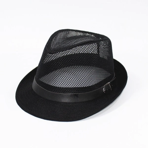 Men's summer black mesh fedora hat with breathable crown and decorative leather band