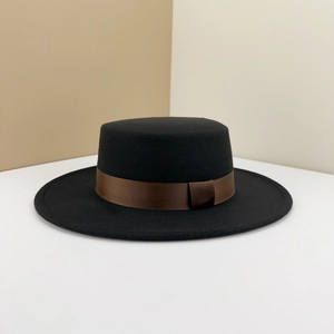 Classic black flat top wool felt fedora hat featuring a brown grosgrain ribbon band