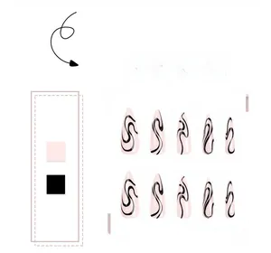 Macro view of long stiletto press-on nails with pink base and black swirl patterns