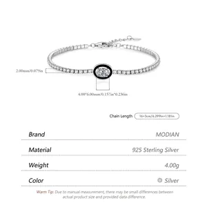 S925 sterling silver tennis bracelet featuring black oval enamel and adjustable chain