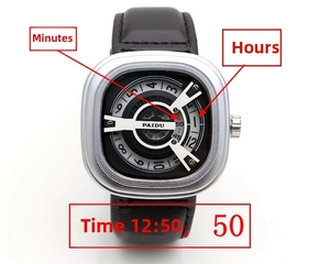 Detail view of the unique dual turntable dial and brown leather strap on a punk watch