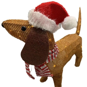 Golden Dachshund dog Christmas figure with LED lights, festive red hat and scarf