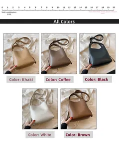 Detail view of five bucket bags in khaki, coffee, black, white, and brown synthetic leather
